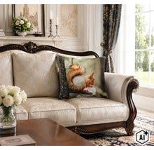 Dekokissen mit Eichhörnchen Motiv auf einem klassischen Sofa in einem eleganten Wohnzimmer (Image AI modified or generated)