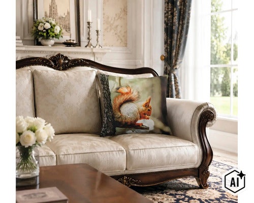 Dekokissen mit Eichhörnchen Motiv auf einem klassischen Sofa in einem eleganten Wohnzimmer (Image AI modified or generated)