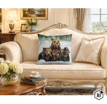 Dekokissen mit Bärenmotiv platziert auf einem eleganten Sofa in einem hellen, klassisch eingerichteten Wohnzimmer mit Wohnaccessoires. (Image AI modified or generated)