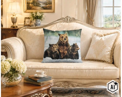 Dekokissen mit Bärenmotiv platziert auf einem eleganten Sofa in einem hellen, klassisch eingerichteten Wohnzimmer mit Wohnaccessoires. (Image AI modified or generated)