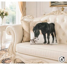 Deko Kissen mit Pferd und Hund Motiv auf einer eleganten Couch in einem hellen Wohnzimmer. (Image AI modified or generated)