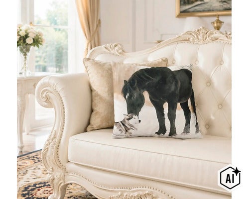 Deko Kissen mit Pferd und Hund Motiv auf einer eleganten Couch in einem hellen Wohnzimmer. (Image AI modified or generated)