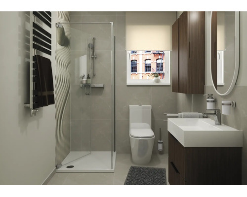Modernes Badezimmer mit ebenerdiger Duschkabine, wandhängendem WC, dunklem Waschtischunterschrank und einem ovalen Spiegel.