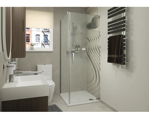 Modernes Badezimmer mit quadratischer Duschkabine aus Glas, Waschbecken, Toilette und Handtuchheizkörper in einem hellen, zeitgemäßen Design.
