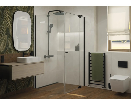 Modernes Badezimmer mit begehbarer Duschkabine, wandhängendem Waschbecken, ovalem Spiegel und hängender Toilette in einer hellen Raumgestaltung.