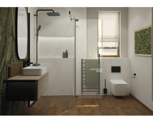 Modernes Badezimmer mit begehbarer Dusche, Waschbecken, Wand-WC und Handtuchheizkörper, kombiniert mit Holzoptik und Blattmuster-Tapete.
