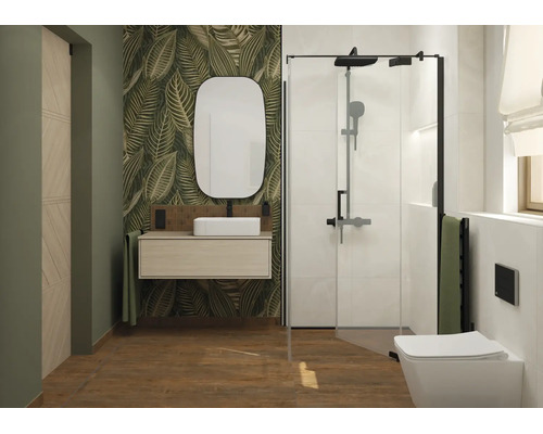Modernes Badezimmer mit Waschtisch, wandhängendem Unterschrank, Aufsatzwaschbecken, Spiegel, ebenerdiger Dusche und hängender Toilette.