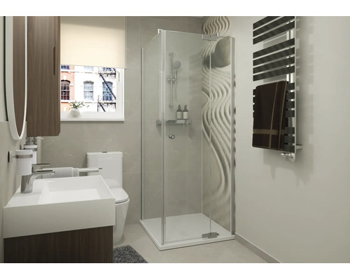 Modernes Badezimmer mit Eckduschkabine, weißem Waschbecken auf einem Holzunterschrank, Wand-WC und einem Handtuchheizkörper an der Wand.