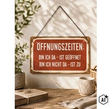 Dekoratives Metallschild mit dem Schriftzug Öffnungszeiten Bin ich da ist geöffnet Bin ich nicht da ist zu zum Aufhängen an einer Kette. (Image AI modified or generated)
