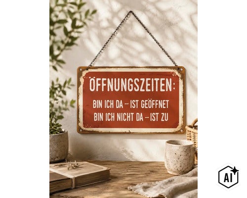 Dekoratives Metallschild mit dem Schriftzug Öffnungszeiten Bin ich da ist geöffnet Bin ich nicht da ist zu zum Aufhängen an einer Kette. (Image AI modified or generated)