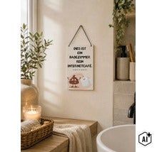 Dekoschild fuer das Badezimmer mit lustigem Text und WC Motiv zum Aufhaengen (Image AI modified or generated)