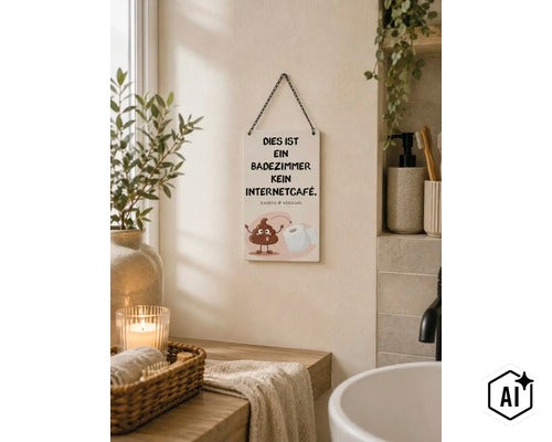 Dekoschild fuer das Badezimmer mit lustigem Text und WC Motiv zum Aufhaengen (Image AI modified or generated)