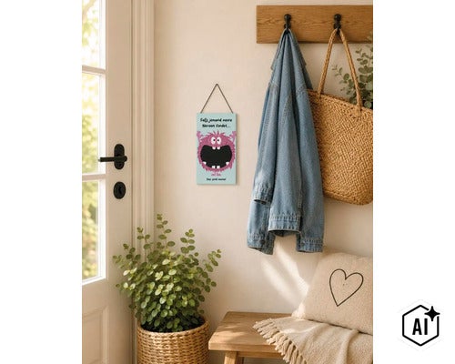 Wandschild aus Holz mit Monster Illustration und lustigem Textaufdruck für den Flurbereich. (Image AI modified or generated)