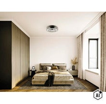 Modernes Schlafzimmer mit Doppelbett, Einbauschrank und runder Deckenleuchte mit integriertem Ventilator in einem eleganten Interieur. (Image AI modified or generated)