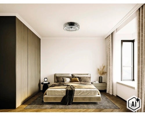 Modernes Schlafzimmer mit Doppelbett, Einbauschrank und runder Deckenleuchte mit integriertem Ventilator in einem eleganten Interieur. (Image AI modified or generated)