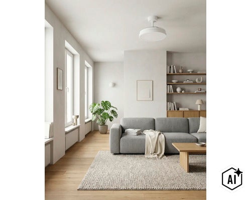 Helles, modernes Wohnzimmer mit grauem Sofa, Deckenventilator, Holzregalen und einer Monstera Pflanze in einem minimalistisch eingerichteten Raum. (Image AI modified or generated)