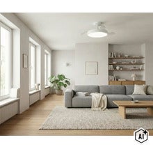 Ein moderner Deckenventilator mit Beleuchtung in einem hellen Wohnzimmer mit Sofa, Regalen und Holzboden im skandinavischen Stil. (Image AI modified or generated)