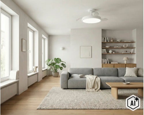 Ein moderner Deckenventilator mit Beleuchtung in einem hellen Wohnzimmer mit Sofa, Regalen und Holzboden im skandinavischen Stil. (Image AI modified or generated)