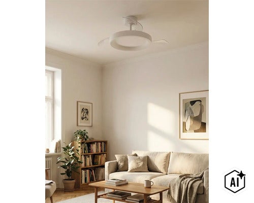 Moderne Deckenleuchte mit integriertem Deckenventilator in einem hellen und stilvoll eingerichteten Wohnzimmer mit Sofa und Bücherregal. (Image AI modified or generated)