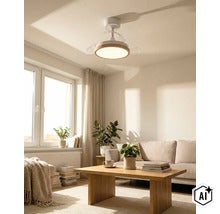 Deckenventilator mit integrierter LED Beleuchtung in einem hellen Wohnzimmer mit Holztisch und Sofa. (Image AI modified or generated)