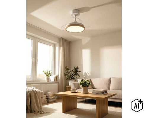 Deckenventilator mit integrierter LED Beleuchtung in einem hellen Wohnzimmer mit Holztisch und Sofa. (Image AI modified or generated)