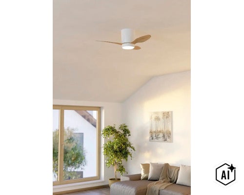 Deckenventilator mit integrierter LED Beleuchtung und drei Flügeln in Holzoptik montiert in einem modernen Wohnzimmer. (Image AI modified or generated)