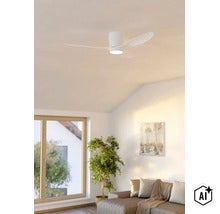 Moderner Deckenventilator mit integrierter LED Beleuchtung in einem hellen Wohnzimmer mit Sofa, Pflanze und Fenster. (Image AI modified or generated)