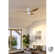 Deckenventilator mit Beleuchtung und drei Flügeln in Holzoptik im Wohnzimmer (Image AI modified or generated)