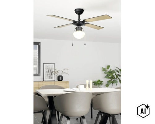 Deckenventilator mit Beleuchtung und fünf Flügeln in modernem Esszimmer mit Esstisch und Stühlen (Image AI modified or generated)