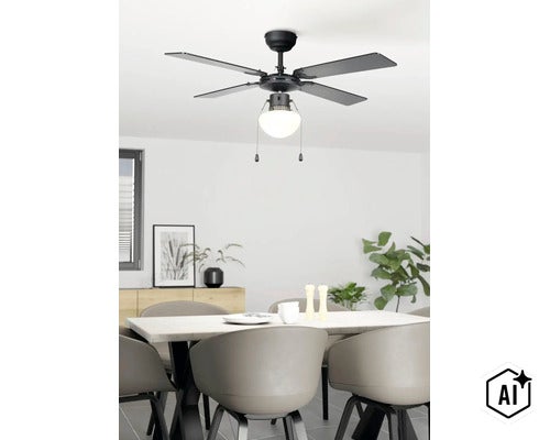 Deckenventilator mit Lampe in modernem Esszimmer über einem Tisch mit Stühlen. (Image AI modified or generated)