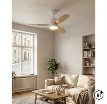 Deckenventilator mit Beleuchtung in einem hellen, modern eingerichteten Wohnzimmer mit Sofa und Couchtisch. (Image AI modified or generated)