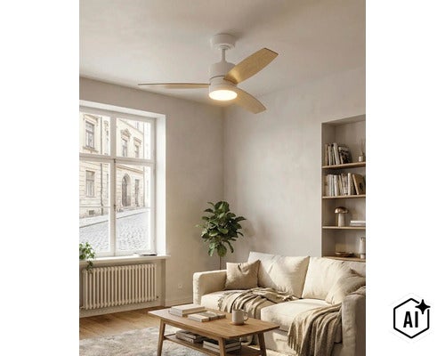 Deckenventilator mit Beleuchtung in einem hellen, modern eingerichteten Wohnzimmer mit Sofa und Couchtisch. (Image AI modified or generated)