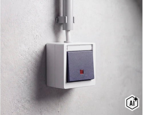 Aufputz Lichtschalter mit Kontrollleuchte montiert auf einer Wand mit Kabelkanal (Image AI modified or generated)