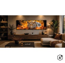 Wohnzimmer mit Wandbild eines Leoparden im herbstlichen Wald, modernes Sideboard, gemütliche Atmosphäre mit indirekter Beleuchtung. (Image AI modified or generated)
