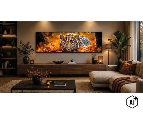 Wohnzimmer mit Wandbild eines Leoparden im herbstlichen Wald, modernes Sideboard, gemütliche Atmosphäre mit indirekter Beleuchtung. (Image AI modified or generated)