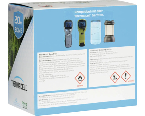 Thermocell Mückenschutz Ersatzpackung Verpackung mit Informationen zu Wirkstoffplättchen und Gaspatronen kompatibel mit allen Thermocell Geräten.