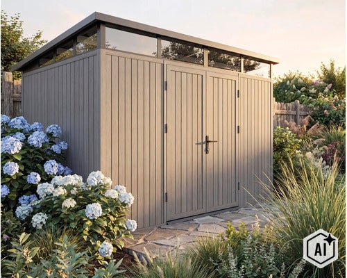 Modernes Gartenhaus mit vertikaler Holzoptik, Doppeltür und umlaufendem Oberlicht im gepflegten Garten. (Image AI modified or generated)
