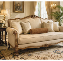 Klassisches dreisitziges Sofa im Barockstil mit Holzrahmen, verzierten Schnitzereien und gemusterten Zierkissen in einem eleganten Wohnzimmer.