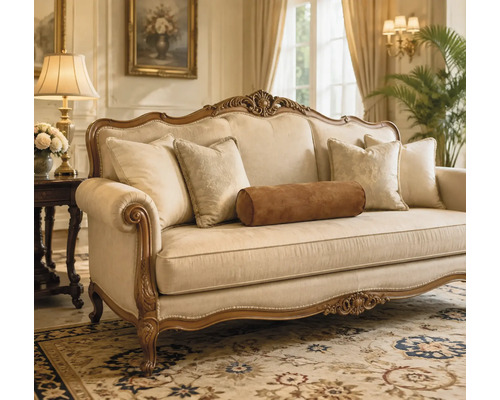 Klassisches dreisitziges Sofa im Barockstil mit Holzrahmen, verzierten Schnitzereien und gemusterten Zierkissen in einem eleganten Wohnzimmer.