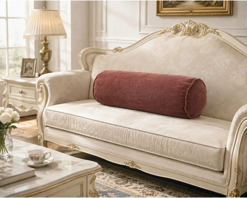 Nackenrollenkissen in zylindrischer Form auf einem klassischen Sofa in einem elegant eingerichteten Wohnzimmer.