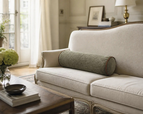 Stoffrolle als Dekokissen auf einem hellen Sofa in einem hellen Wohnzimmer mit Couchtisch und Blumen.