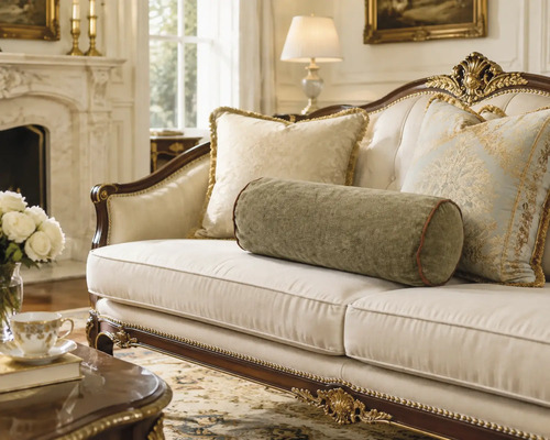 Klassisches Sofa im Barockstil mit Polsterung, Holzelementen und dekorativen Kissen in einem eleganten Wohnzimmer.