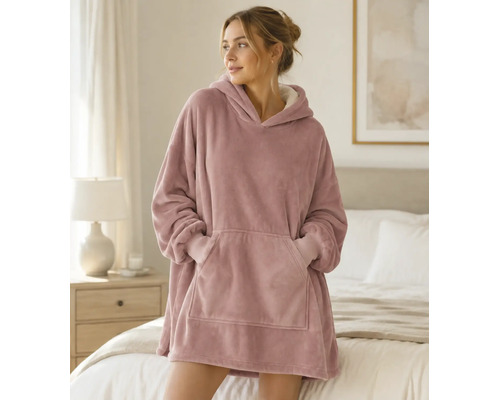 Eine Frau trägt einen übergroßen Kapuzenpullover aus weichem Plüschmaterial mit Kängurutasche in einem hellen Schlafzimmer.
