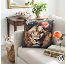 Dekokissen mit Löwenmotiv und Blumenschmuck auf einem Sofa in einem gemütlich eingerichteten Wohnbereich. (Image AI modified or generated)