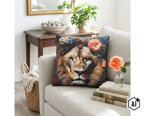 Dekokissen mit Löwenmotiv und Blumenschmuck auf einem Sofa in einem gemütlich eingerichteten Wohnbereich. (Image AI modified or generated)