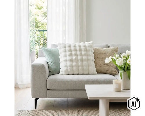 Ein helles Wohnzimmer mit einem Sofa, das mit drei verschiedenen Zierkissen dekoriert ist, sowie einem Couchtisch mit einer Vase voller Blumen. (Image AI modified or generated)