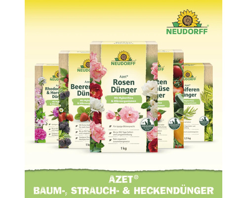 Mehrere Packungen Neudorff Azet Spezialdünger für verschiedene Pflanzenarten mit Mykorrhiza und Mikroorganismen sowie Logo Neudorff.