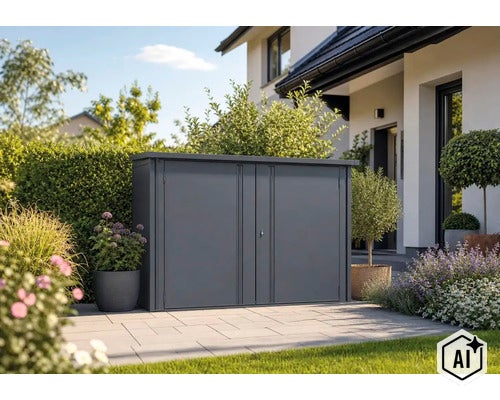 Moderne Metall Mülltonnenbox in einem Garten auf einer gepflasterten Terrasse vor einem Wohnhaus. (Image AI modified or generated)