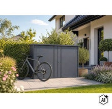Eine Fahrradbox aus Metall steht auf einer Terrasse vor einem Wohnhaus, daneben steht ein Fahrrad. (Image AI modified or generated)