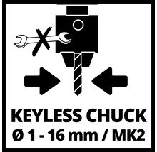 Symbol für Schnellspannbohrfutter mit einem Durchmesser von 1 bis 16 Millimeter und einem Morsekegel 2 Anschluss ohne Werkzeugbedarf